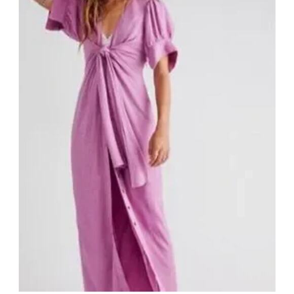 Free People Vintage Summer Puff Sleeve Maxi Dress Women XS/S Purple Tie Front - Picture 1 of 16